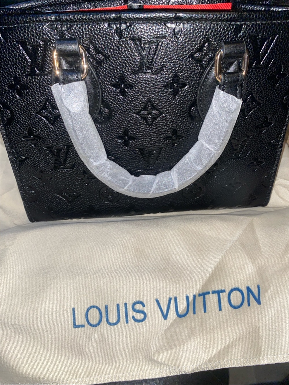 Louis Vuitton Black Embossed Monogram Satchel with Gold Hardware